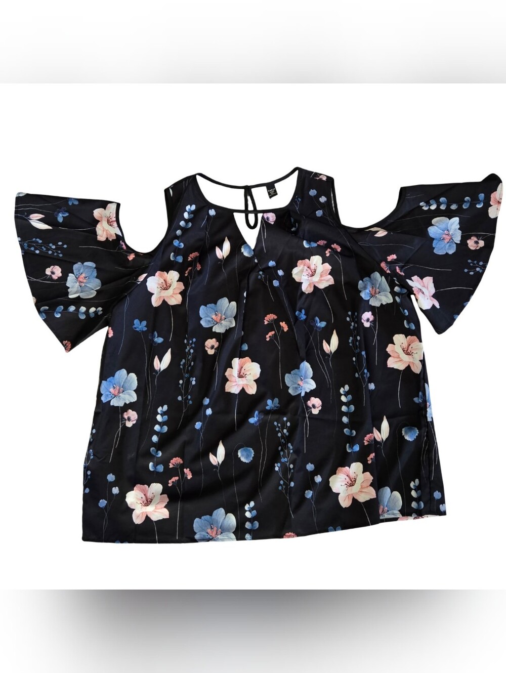 Floral Cold-Shoulder Blouse in Black with Pink & Blue Flowers Cottagecore Plus
